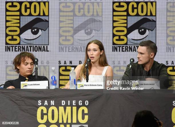 Actors Frank Dillane, Alycia Debnam-Carey and Sam Underwood speak onstage at the "Fear The Walking Dead" panel during Comic-Con International 2017 at...