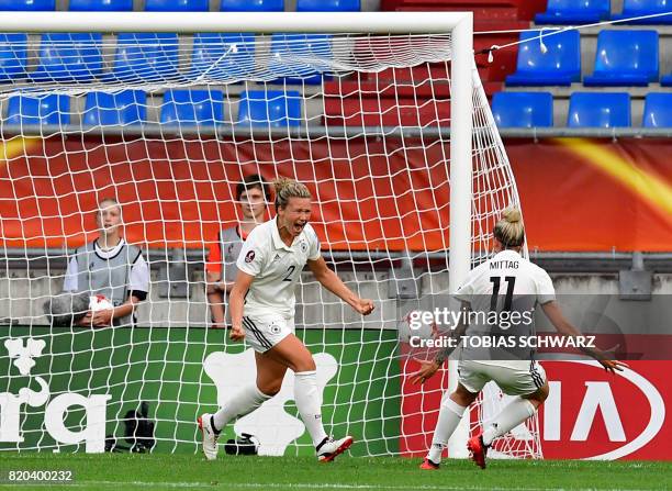 Germany's defender Josephine Henning reacts after scoring during the UEFA Women's Euro 2017 football match between Germany and Italy at Stadium...