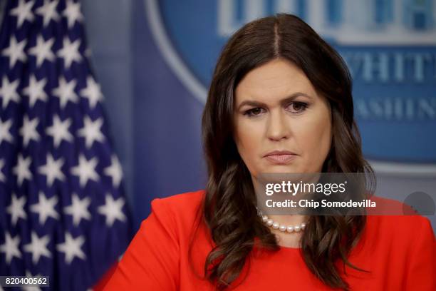 White House Principal Deputy Press Secretary Sarah Huckabee Sanders holds an on-camera briefing with reporters in the Brady Press Briefing Room at...