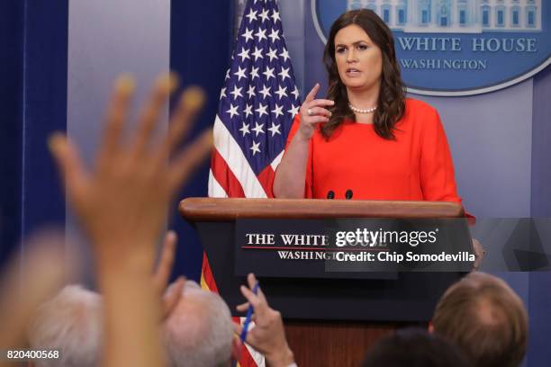 White House Principal Deputy Press Secretary Sarah Huckabee Sanders holds an on-camera briefing with reporters in the Brady Press Briefing Room at...