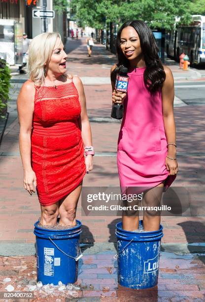 News Anchor Jennaphr Frederick and Co-host of Good Day Philadelphia Alex Holley are seen during a segment of Fox 29's 'Good Day' at FOX 29 Studio on...