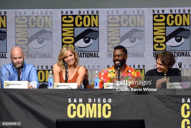 Writer/producer Dave Erickson, actors Kim Dickens, Colman Domingo and Frank Dillane speak onstage at the "Fear The Walking Dead" panel during...