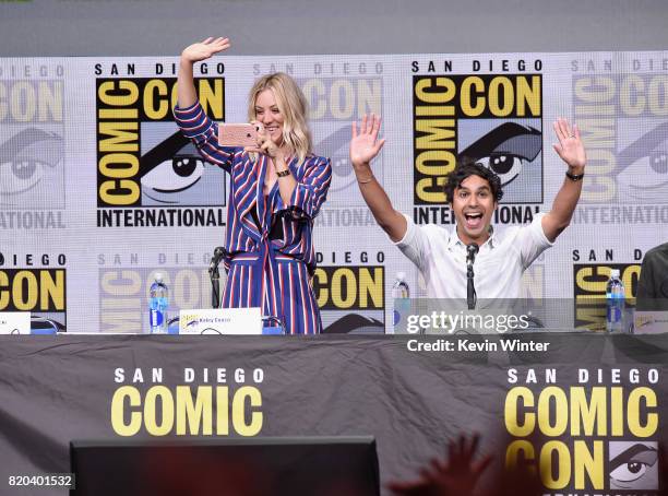 Actors Kaley Cuoco and Kunal Nayyar speak onstage at the "The Big Bang Theory" panel during Comic-Con International 2017 at San Diego Convention...