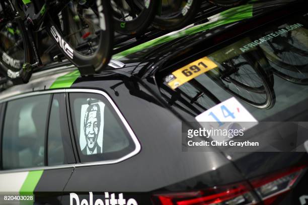 Picture of Nelson Mandela is seen in the window of the Team Dimension Data car during stage 19 of the 2017 Le Tour de France, a 222.5km stage from...