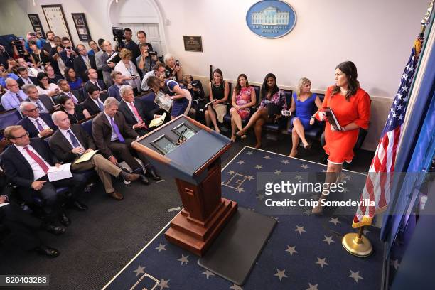 White House Principal Deputy Press Secretary Sarah Huckabee Sanders takes the podium for an on-camera briefing with reporters in the Brady Press...