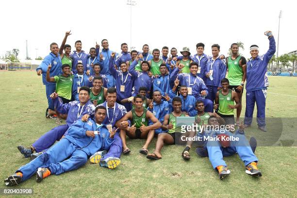 Players from Samoa, Fiji and Sri Lanka pose together after the boy's rugby 7's gold medal final match between England and Samoa on day 4 of the 2017...