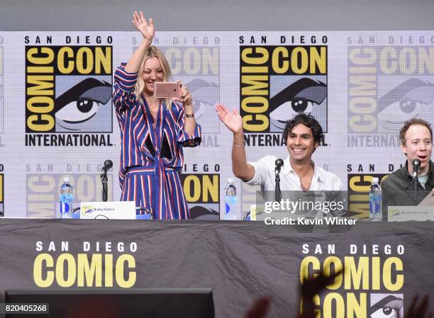 Actors Kaley Cuoco, Kunal Nayyar and Kevin Sussman speak onstage at the "The Big Bang Theory" panel during Comic-Con International 2017 at San Diego...