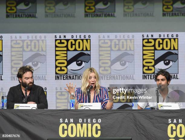 Actors Johnny Galecki, Kaley Cuoco and Kunal Nayyar speak onstage at the "The Big Bang Theory" panel during Comic-Con International 2017 at San Diego...