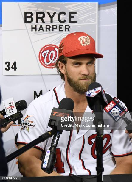 National League All-Star Bryce Harper of the Washington Nationals speaks with the media during Gatorade All-Star Workout Day ahead of the 88th MLB...
