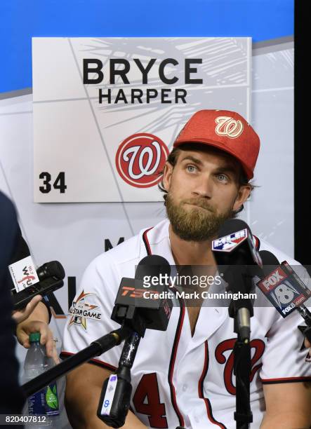 National League All-Star Bryce Harper of the Washington Nationals speaks with the media during Gatorade All-Star Workout Day ahead of the 88th MLB...