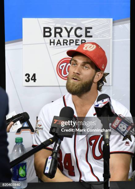 National League All-Star Bryce Harper of the Washington Nationals speaks with the media during Gatorade All-Star Workout Day ahead of the 88th MLB...