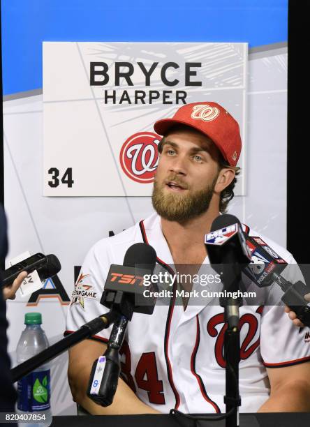 National League All-Star Bryce Harper of the Washington Nationals speaks with the media during Gatorade All-Star Workout Day ahead of the 88th MLB...