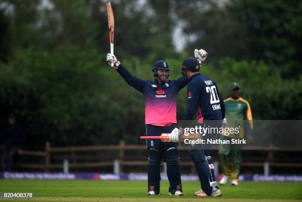 Dan Bowser and Jack Perry of England celebrate after they win the INAS Learning Disability Tri-Series Trophy Final match between England and South...