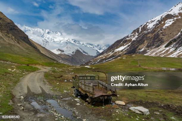 shkhara mountains ,ushguli village,svaneti region,georgia - off highway vehicle stock pictures, royalty-free photos & images