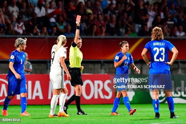 Italy's defender Elisa Bartoli receives a red card during the UEFA Women's Euro 2017 football tournament between Germany and Italy at Stadium Koning...