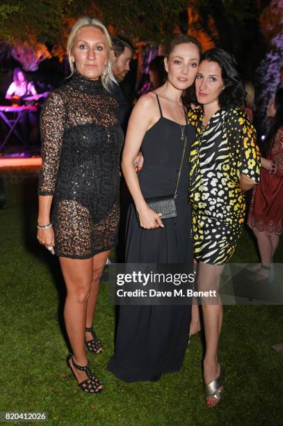 Co-founder Helen Johnson, Clara Paget and creative director Amy Molyneaux attend the Lelloue launch party at Villa St. George on July 21, 2017 in...