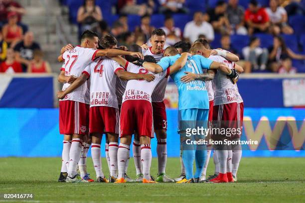 New York Red Bulls huddle up during the Major League Soccer game between the San Jose Earthquakes and the New York Red Bulls on July 19 at Red Bull...