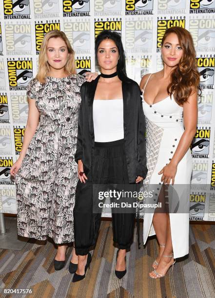 Actresses Eliza Taylor, Marie Avgeropoulos and Lindsey Morgan at "The 100" Press Line during Comic-Con International 2017 at Hilton Bayfront on July...