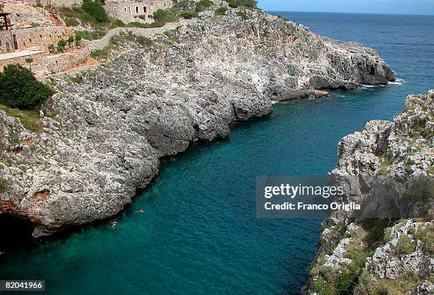 View of the Ciolo Bay on August 10 in Salento, Italy. Salento is that strip of land that forms the heel of the boot . It is located between two seas:...