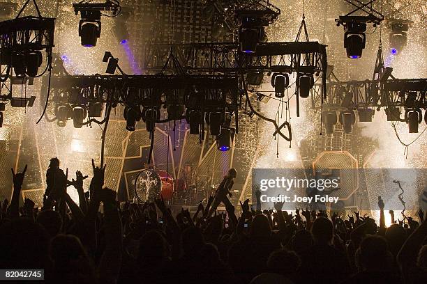 The rock band Motley Crue performs live during Crue Fest 2008 at the Verizon Wireless Music Center on July 18, 2008 in Noblesville, Indiana.