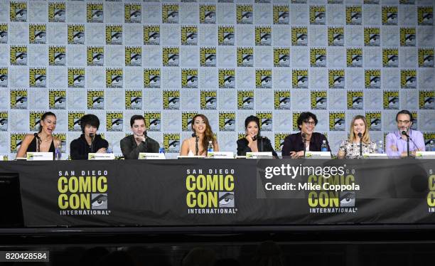 Actors Tasya Teles, Christopher Larkin, Richard Harmon, Lindsey Morgan, Marie Avgeropoulos, Bob Morley, and Eliza Taylor and writer/producer Jason...