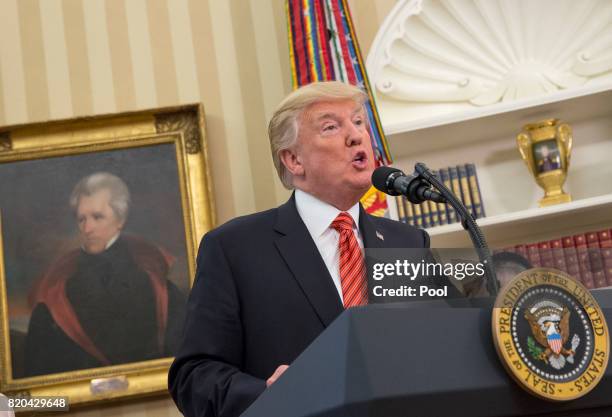 President Donald J. Trump speaks as USS Arizona survivors visit the White House on July 21, 2017 in Washington, DC.