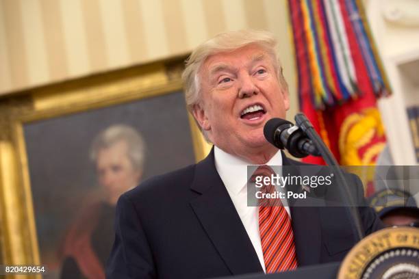 President Donald J. Trump speaks as USS Arizona survivors visit the White House on July 21, 2017 in Washington, DC.