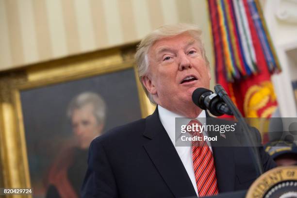 President Donald J. Trump speaks as USS Arizona survivors visit the White House on July 21, 2017 in Washington, DC.
