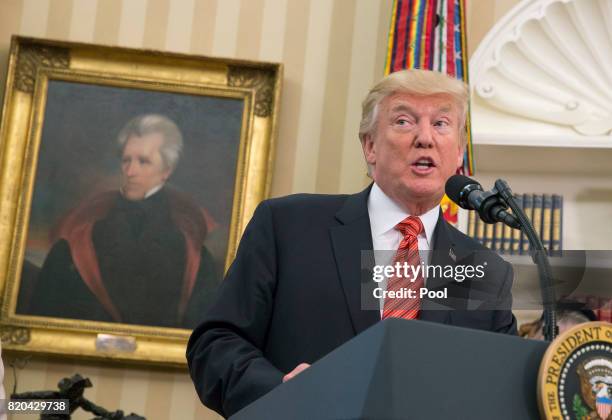 President Donald J. Trump speaks as USS Arizona survivors visit the White House on July 21, 2017 in Washington, DC.