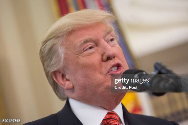 President Donald J. Trump speaks as USS Arizona survivors visit the White House on July 21, 2017 in Washington, DC.