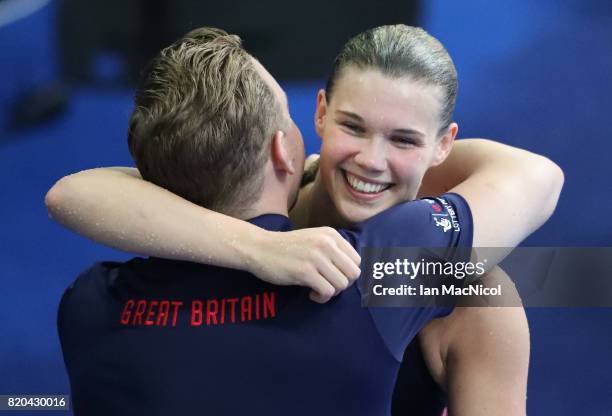 Grace Reid of Great Britain celebrates fourth place in the Women's 3m Springboard at the Duna Arena on day eight of the FINA World Championships on...