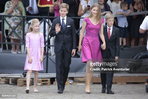 Princess Eleonore of Belgium, Prince Gabriel of Belgium, Princess Elisabeth of Belgium and Prince Emmanuel of Belgium of Belgium attend the Te Deum...