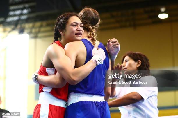 Pelea Fruean of New Zealand celebrates after beating Sadie Thomas of England in the Girl's 60 kg Quarterfinal 2 Boxing on day 4 of the 2017 Youth...