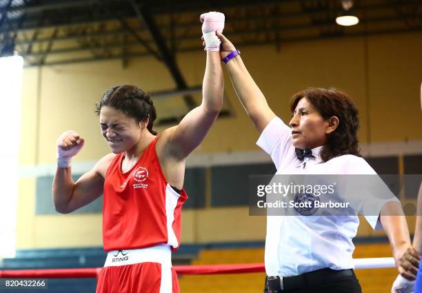 Pelea Fruean of New Zealand celebrates after beating Sadie Thomas of England in the Girl's 60 kg Quarterfinal 2 Boxing on day 4 of the 2017 Youth...