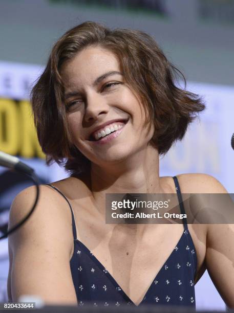 Actor Lauren Cohan speaks onstage at Comic-Con International 2017 AMC's "The Walking Dead" panel at San Diego Convention Center on July 21, 2017 in...
