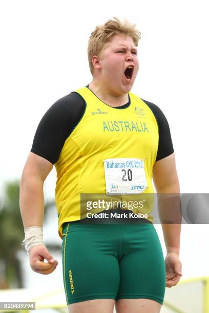 Alex Kolesnikoff of Australia celebrates after a throw as he competes in the boy's shot put final on day 4 of the 2017 Youth Commonwealth Games at...