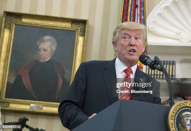 President Donald Trump speaks during a meeting with survivors from the USS Arizona at the White House in Washington, D.C., U.S., on Friday, July 21,...