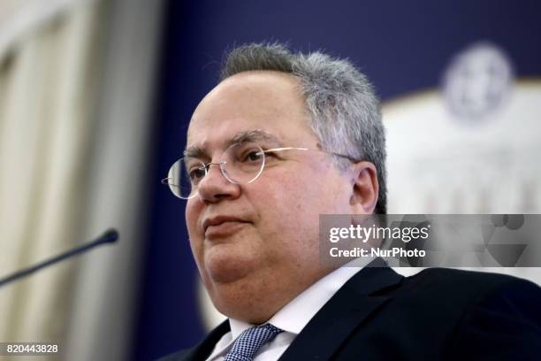 Greek Foreign Minister Nikos Kotzias during a news conference after meeting with Federica Mogherini, high Representative of the European Union for...