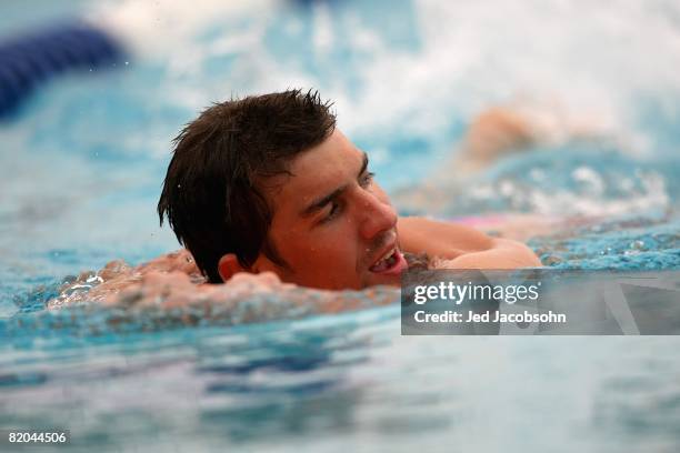 Michael Phelps of the United States participates in a training session during the U.S. Olympic Swim Team Media Day at Stanford University on July 12,...