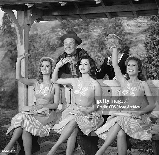 American actors Edgar Buchanan , Bea Benaderet and, front row from left, American actresses, Linda Henning , Jeannine Riley , and Pat Woodell wave...