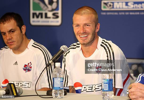 Midfielder David Beckham of L.A. Galaxy speaks during a press conference following a MLS All Star training session before the MLS All Star Game at...