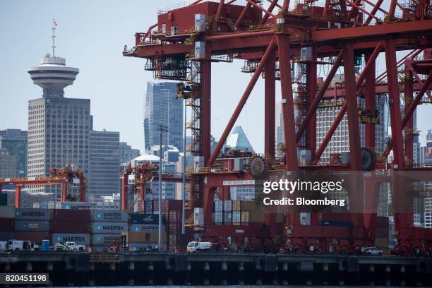 Gantry cranes stand at the Port of Vancouver in Vancouver, British Columbia, Canada, on Tuesday, July 11, 2017. Statistics Canada is scheduled to...