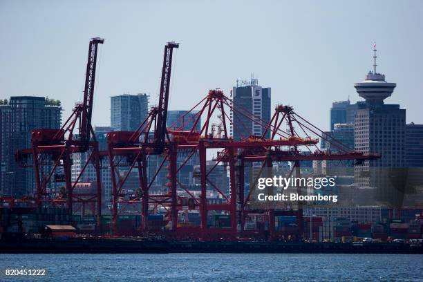 Gantry cranes stand at the Port of Vancouver in Vancouver, British Columbia, Canada, on Tuesday, July 11, 2017. Statistics Canada is scheduled to...