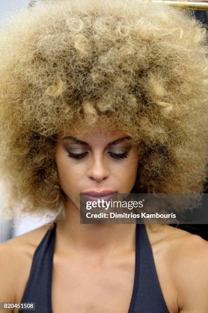 Model prepares backstage during the SWIMMIAMI Hammock 2018 Collection fashion show at WET Deck at W South Beach on July 21, 2017 in Miami Beach,...