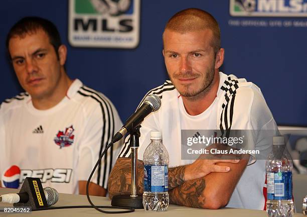 Midfielder David Beckham of L.A. Galaxy speaks during a press conference following a MLS All Star training session before the MLS All Star Game at...