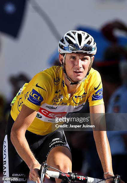 Frank Schleck of Luxembourg and team CSC Saxo Bank crosses the finishline during stage seventeen of the 2008 Tour de France from Embrun to the...