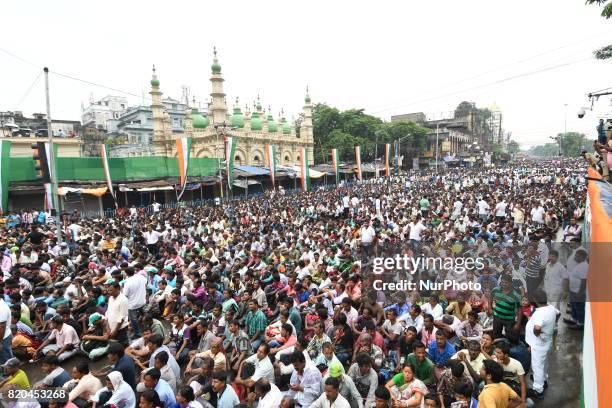 Supremo and West Bengal Chief Minister Mamata Banerjee during the Martyrs Day rally at Esplanade on July 21, 2017 in Kolkata, India. Martyrs Day is...