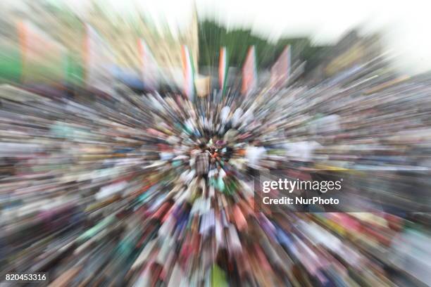 Supremo and West Bengal Chief Minister Mamata Banerjee during the Martyrs Day rally at Esplanade on July 21, 2017 in Kolkata, India. Martyrs Day is...