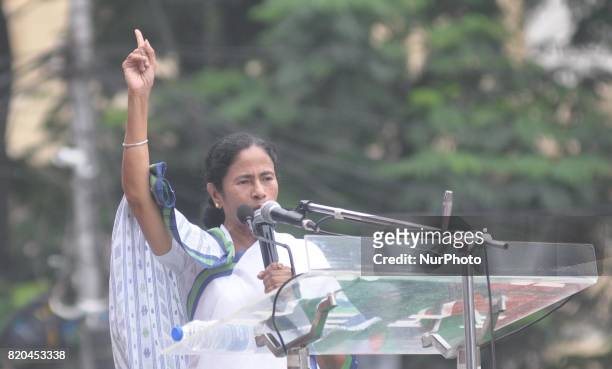 Supremo and West Bengal Chief Minister Mamata Banerjee during the Martyrs Day rally at Esplanade on July 21, 2017 in Kolkata, India. Martyrs Day is...