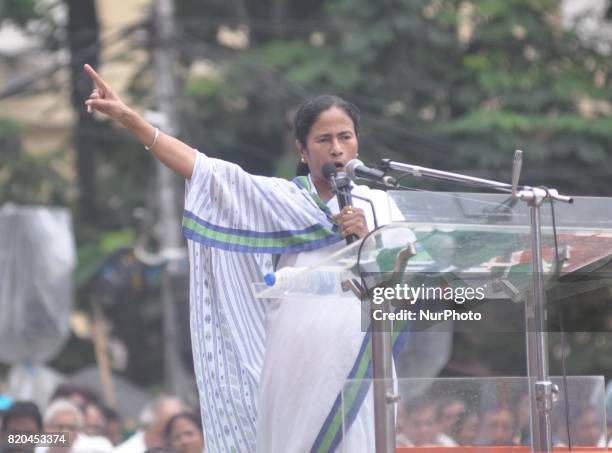 Supremo and West Bengal Chief Minister Mamata Banerjee during the Martyrs Day rally at Esplanade on July 21, 2017 in Kolkata, India. Martyrs Day is...